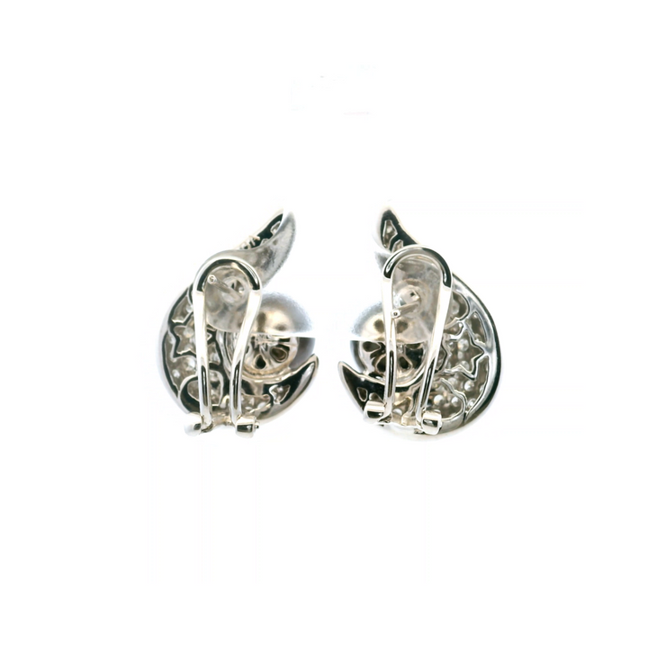 Estate 18K White Gold 9MM Black Pearl & Diamond Cluster Stud Earrings