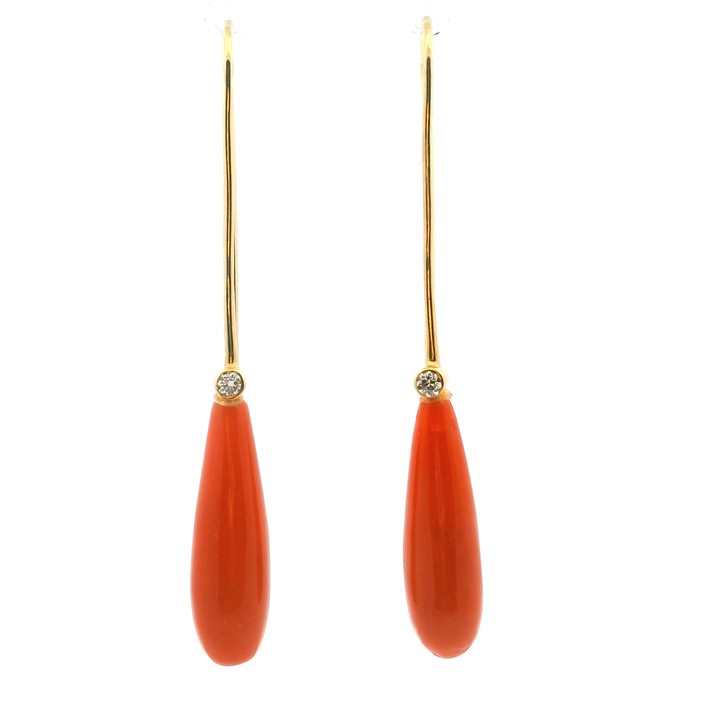 Estate 18KT Yellow Gold Coral & Diamond Drop Earrings, ca. 1980's