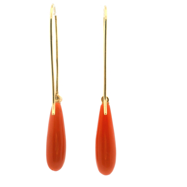 Estate 18KT Yellow Gold Coral & Diamond Drop Earrings, ca. 1980's