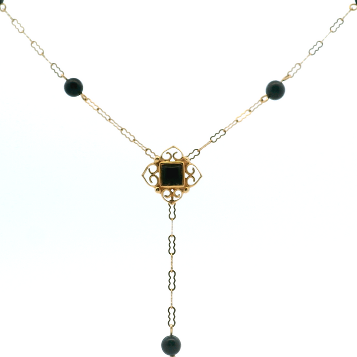 Estate 14KT Yellow Gold Black Onyx Station "Y" Necklace, Vintage