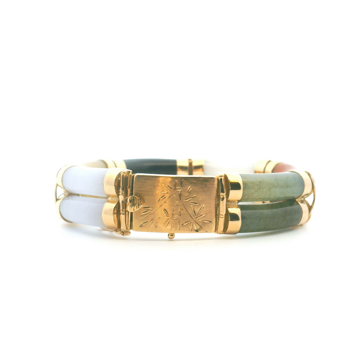 Estate 14K Yellow Gold Undyed Jade Tue Link Vintage Bracelet