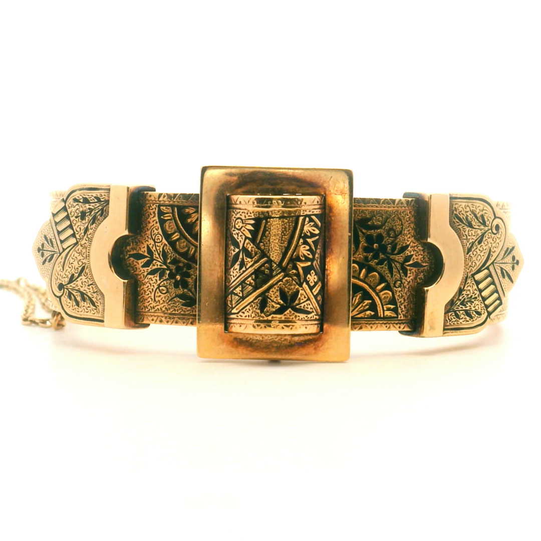 Estate 14KT Yellow Gold Belt Style Wedding Cuff with Black Enamel, ca. 1870's