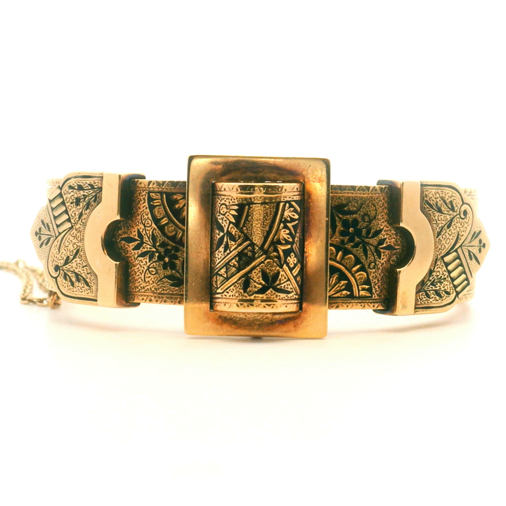 Estate 14KT Yellow Gold Belt Style Wedding Cuff with Black Enamel, ca. 1870's