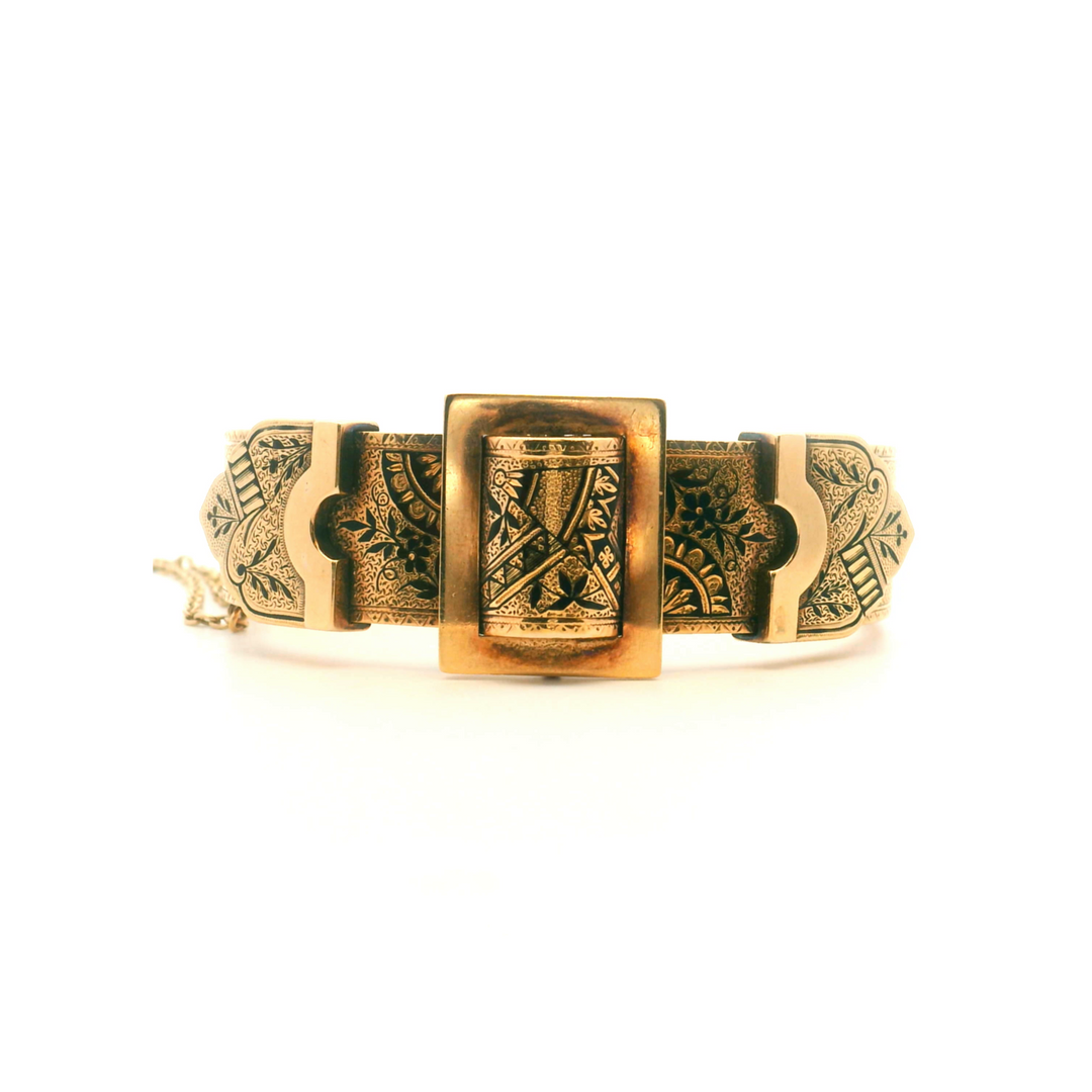 Estate 14K Yellow Gold Antique Black Enamel Wedding Belt-Style Bangle Bracelet
