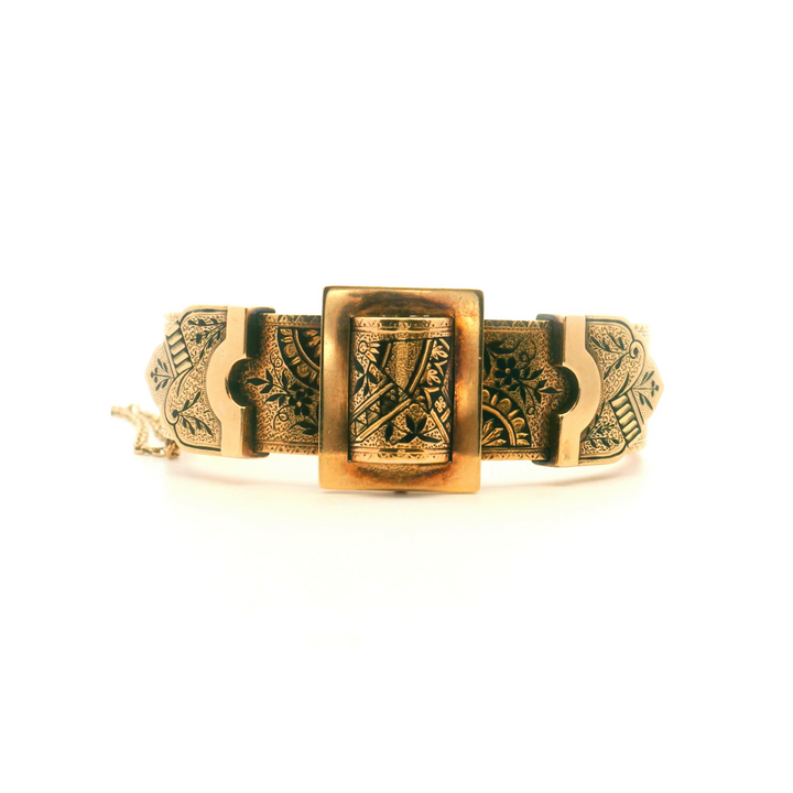 Estate 14K Yellow Gold Antique Black Enamel Wedding Belt-Style Bangle Bracelet