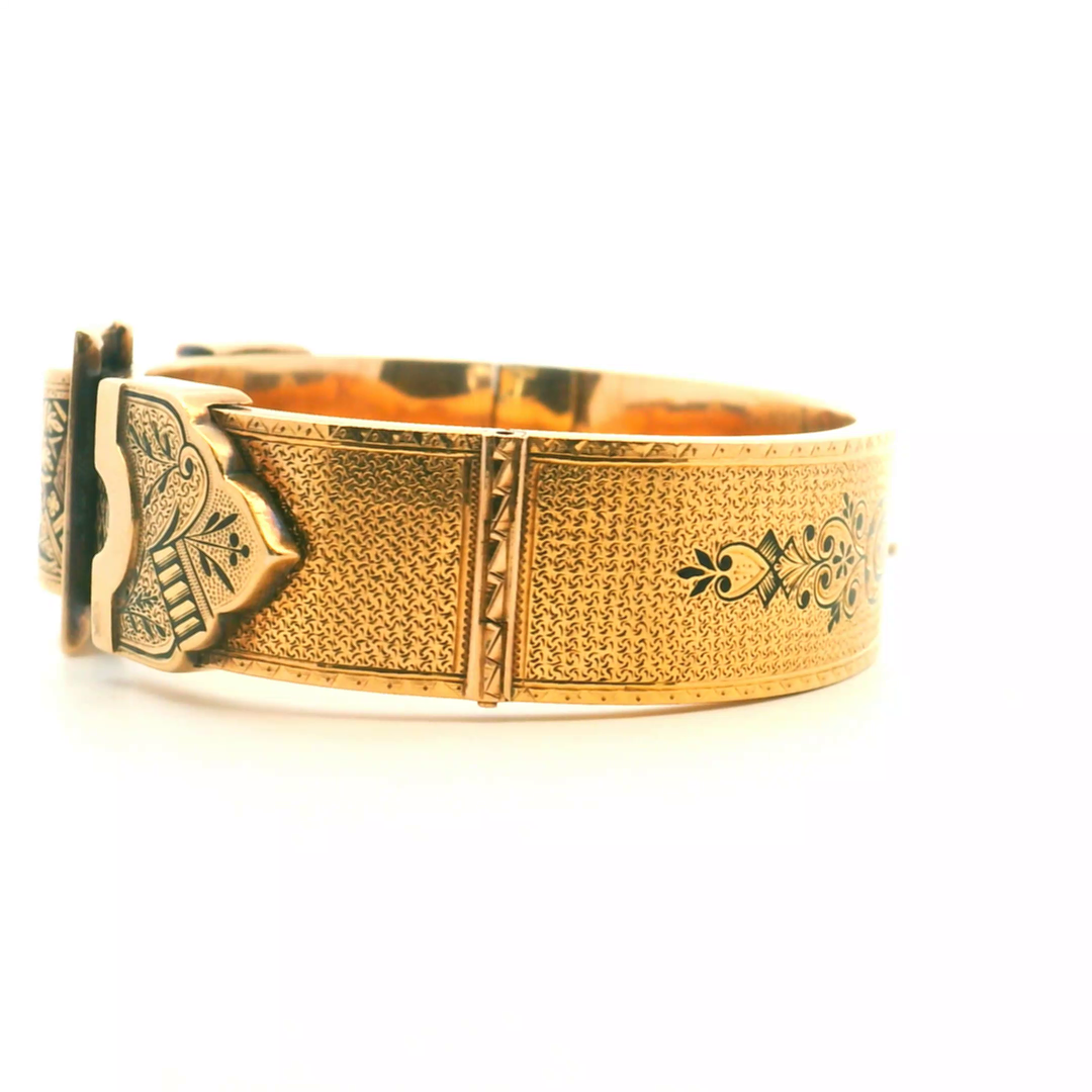 Estate 14KT Yellow Gold Belt Style Wedding Cuff with Black Enamel, ca. 1870's