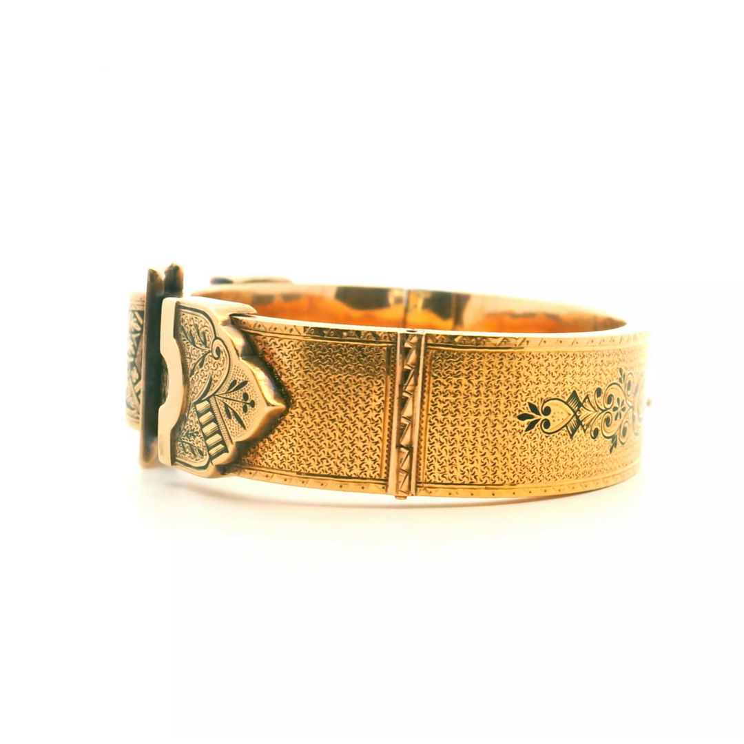 Estate 14K Yellow Gold Antique Black Enamel Wedding Belt-Style Bangle Bracelet