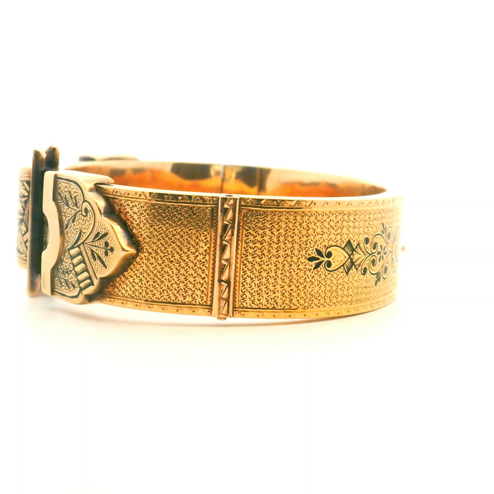 Estate 14KT Yellow Gold Belt Style Wedding Cuff with Black Enamel, ca. 1870's