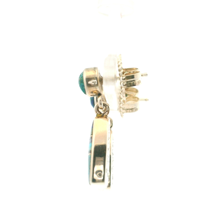 Estate Sterling Silver Multi Gemstone Inlay Drop Earrings