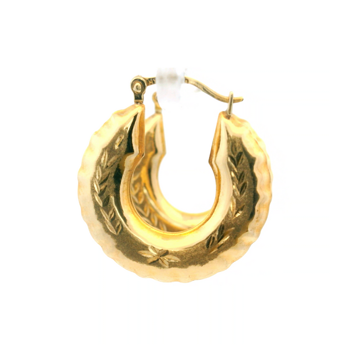 Estate 10K Yellow Gold Etched Vintage Hoop Earrings