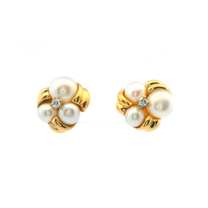 Estate 14K Yellow Gold Pearl & Diamond Cluster Stud Earrings