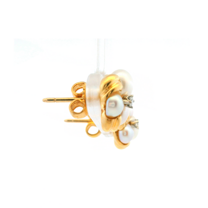 Estate 14K Yellow Gold Pearl & Diamond Cluster Stud Earrings