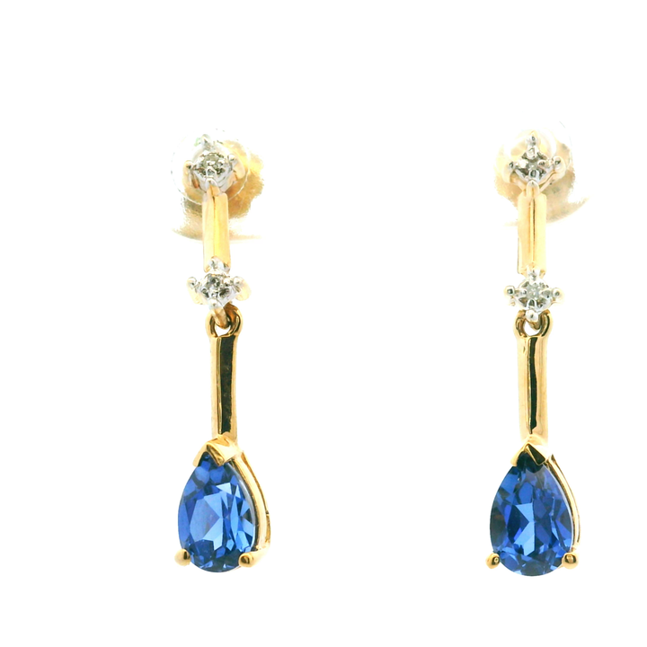 Estate 10KT Yellow Gold Pear Synthetic Sapphire & Diamond Bar Dangle Studs