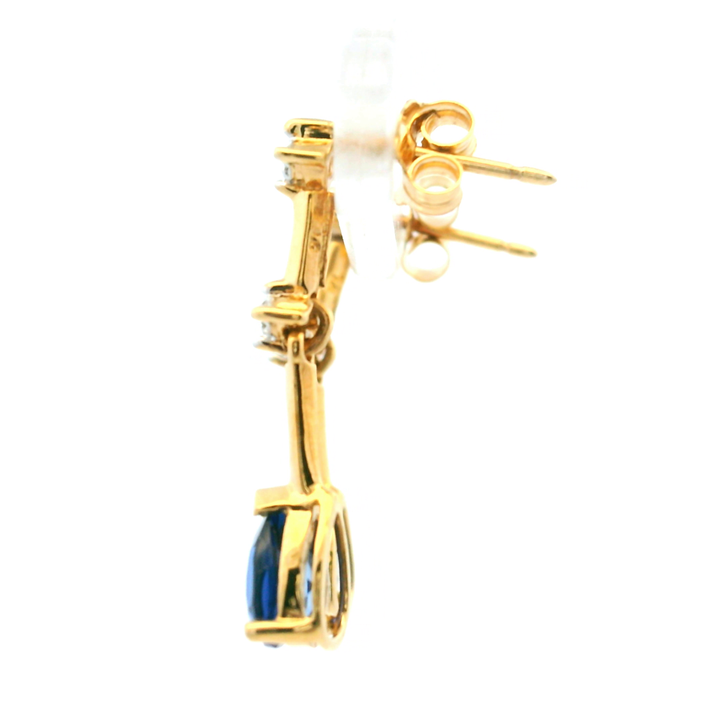 Estate 10KT Yellow Gold Pear Synthetic Sapphire & Diamond Bar Dangle Studs