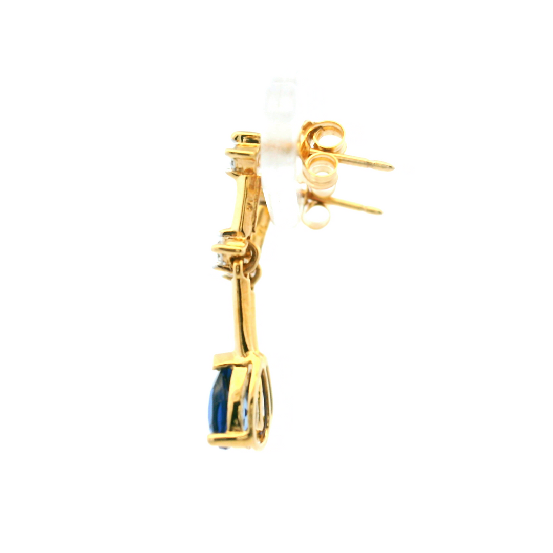 Estate 10K Yellow Gold 1.21CTW Pear-Shaped Synthetic Blue Sapphire & Diamond Bar Drop Earrings