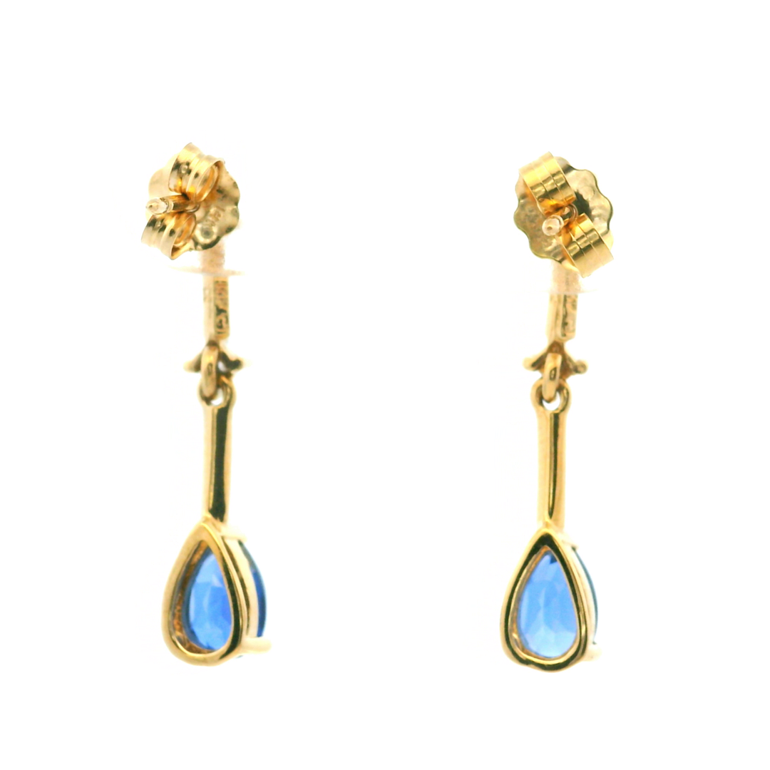 Estate 10KT Yellow Gold Pear Synthetic Sapphire & Diamond Bar Dangle Studs