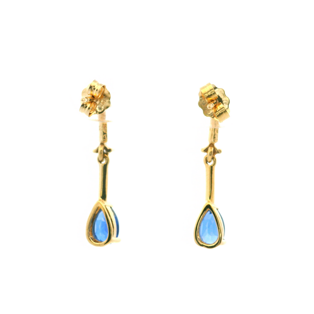 Estate 10K Yellow Gold 1.21CTW Pear-Shaped Synthetic Blue Sapphire & Diamond Bar Drop Earrings