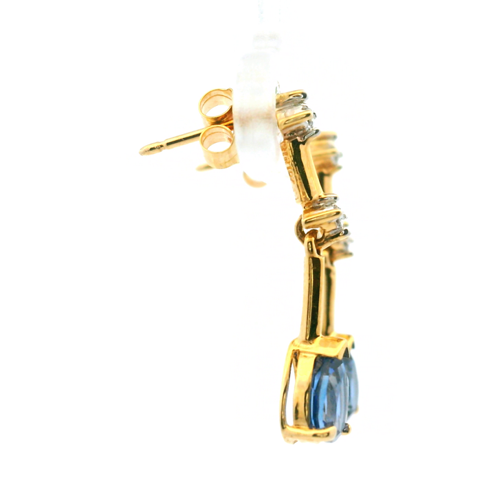 Estate 10KT Yellow Gold Pear Synthetic Sapphire & Diamond Bar Dangle Studs