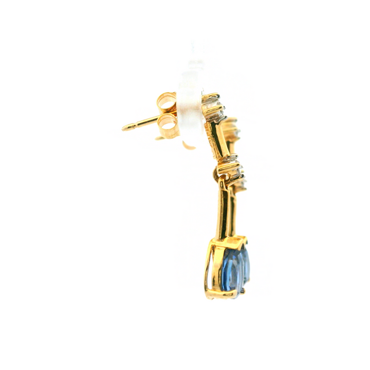 Estate 10K Yellow Gold 1.21CTW Pear-Shaped Synthetic Blue Sapphire & Diamond Bar Drop Earrings