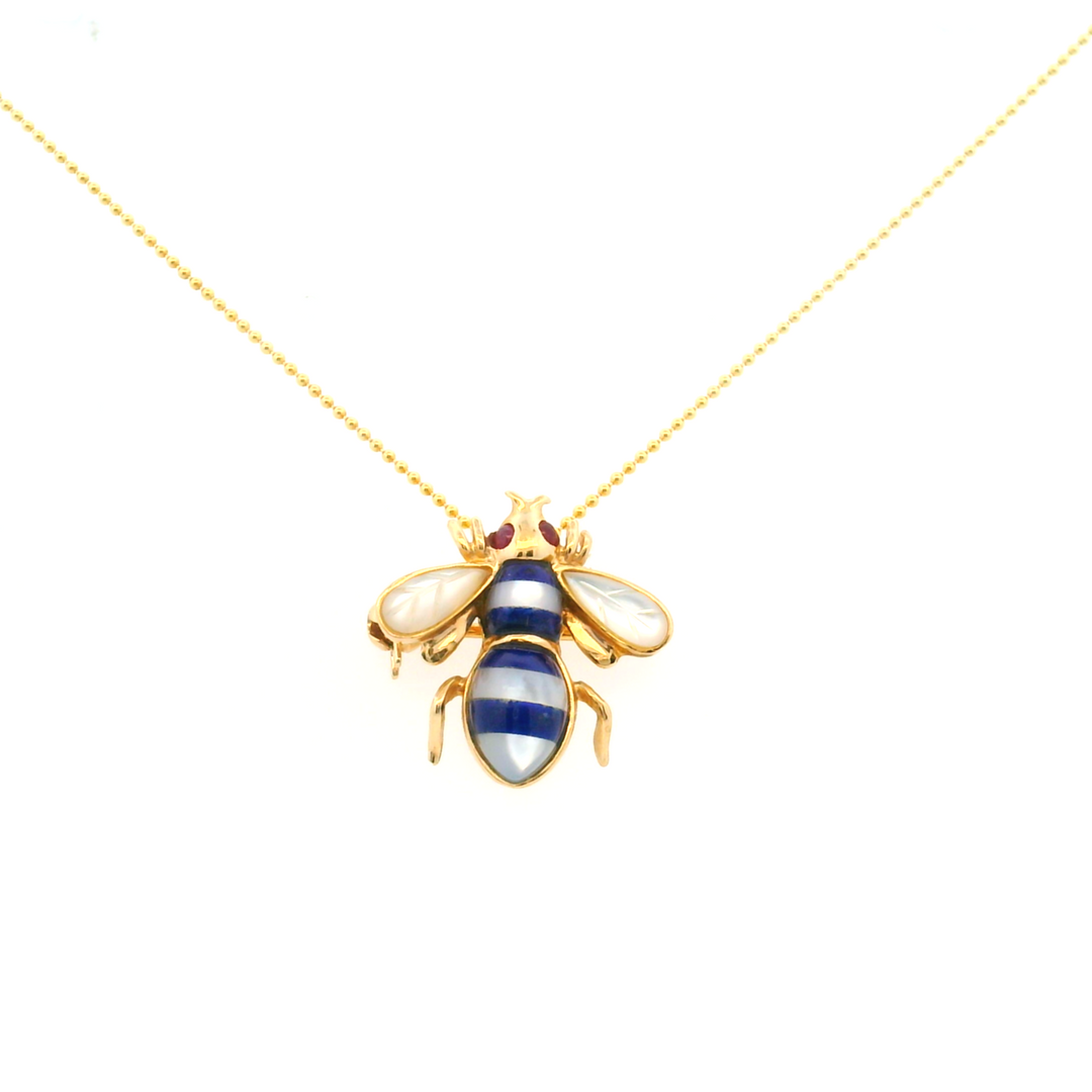 Estate 14KT Yellow Gold Ruby, Lapis & Mother of Pearl Bee Brooch, ca. 1960's