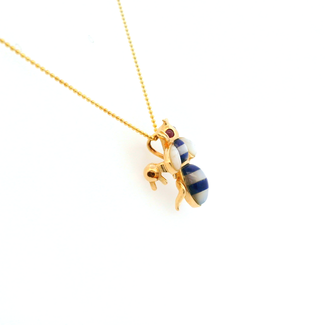 Estate 14KT Yellow Gold Ruby, Lapis & Mother of Pearl Bee Brooch, ca. 1960's