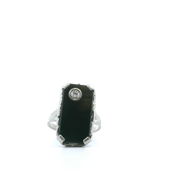 Estate 18KT & 10KT White Gold Old European Cut Diamond & Onyx Ring, Vintage