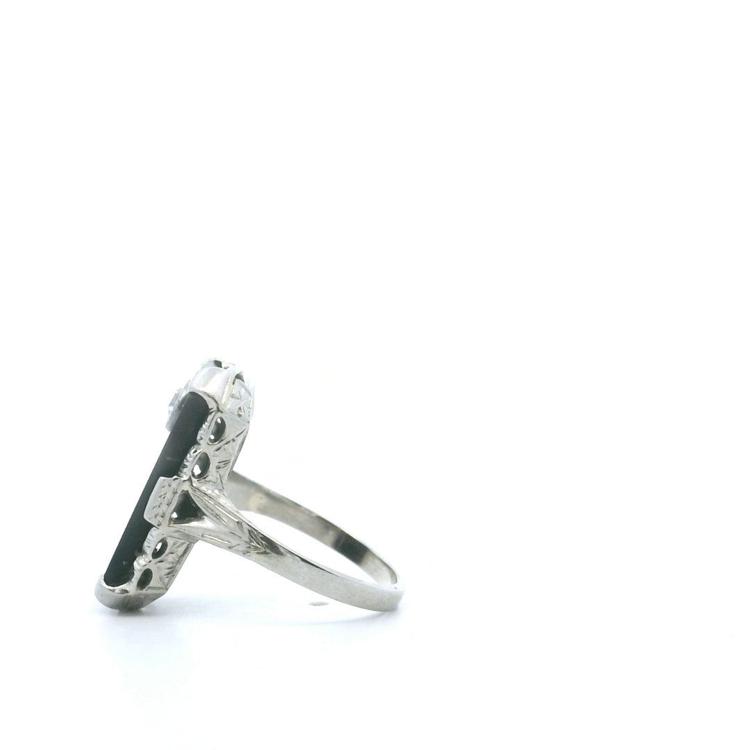 Estate 18KT & 10KT White Gold Old European Cut Diamond & Onyx Ring, Vintage