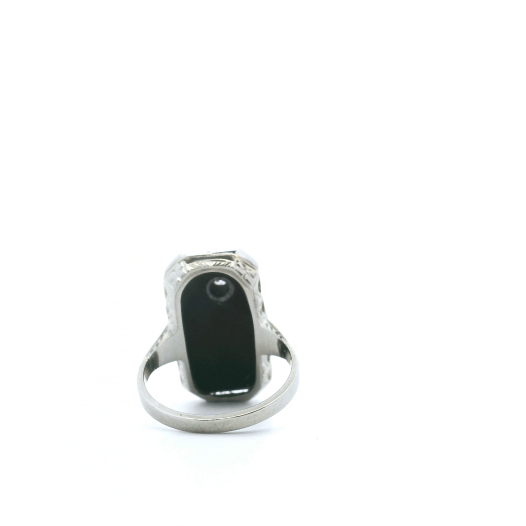 Estate 18KT & 10KT White Gold Old European Cut Diamond & Onyx Ring, Vintage