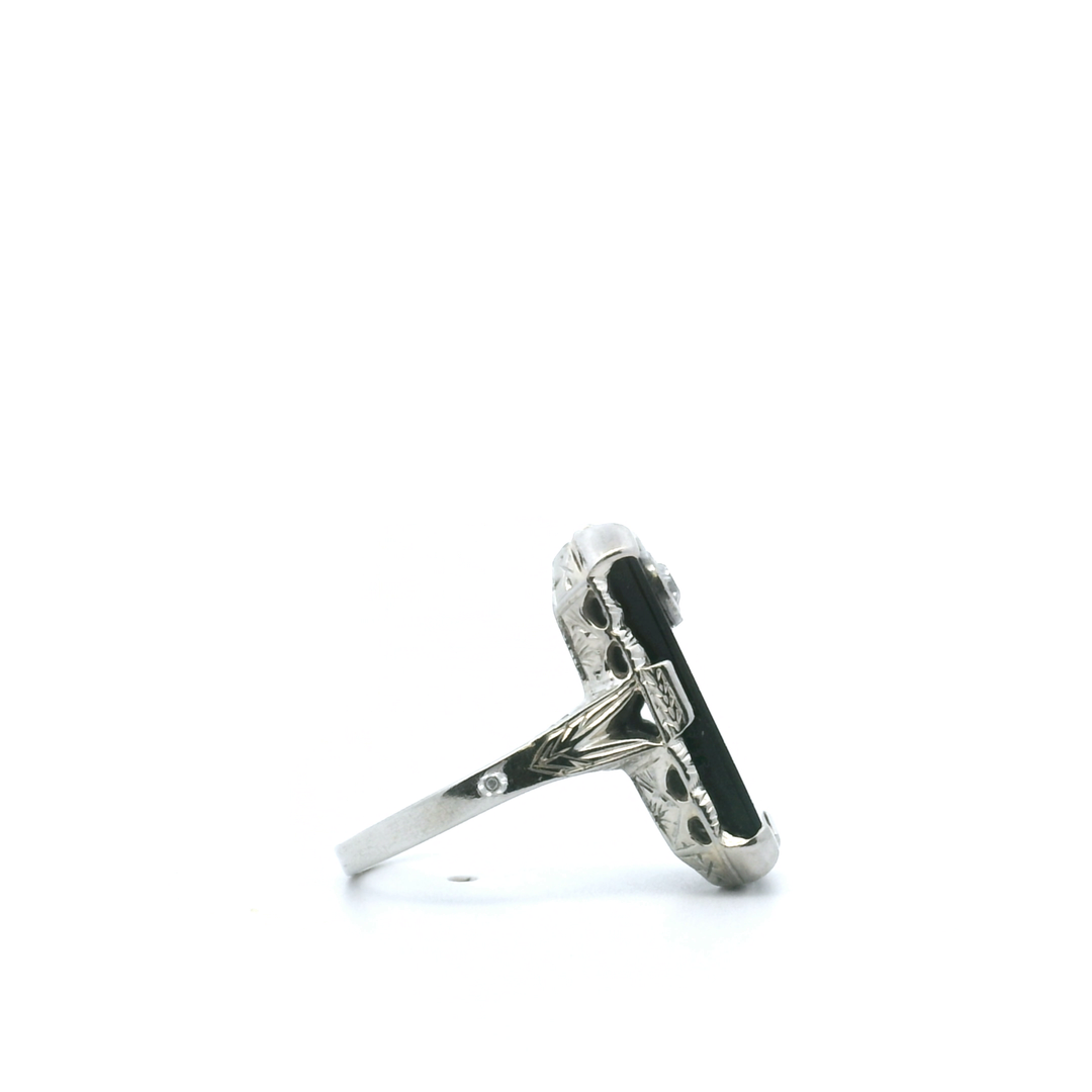 Estate 18KT & 10KT White Gold Old European Cut Diamond & Onyx Ring, Vintage
