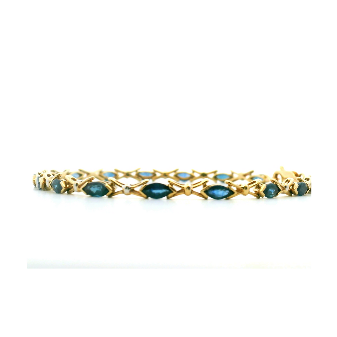 Estate 14K Yellow Gold 2.88CTW Marquise Blue Sapphire Vintage Link Bracelet