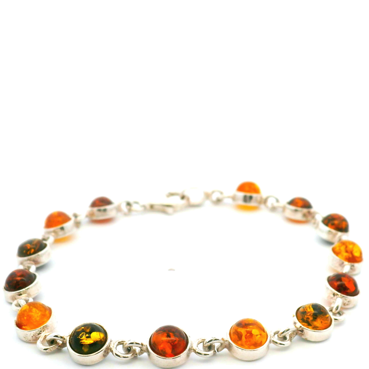 Estate Sterling Silver Round Cabochon Amber Station Link Bracelet
