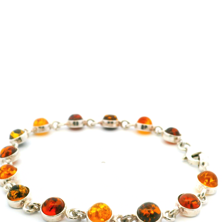 Estate Sterling Silver Round Cabochon Amber Station Link Bracelet