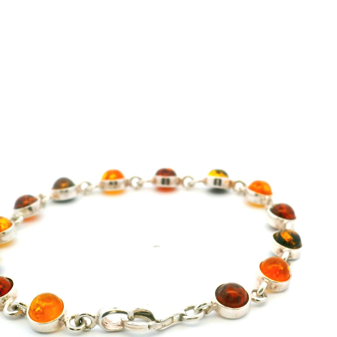 Estate Sterling Silver Round Cabochon Amber Station Link Bracelet
