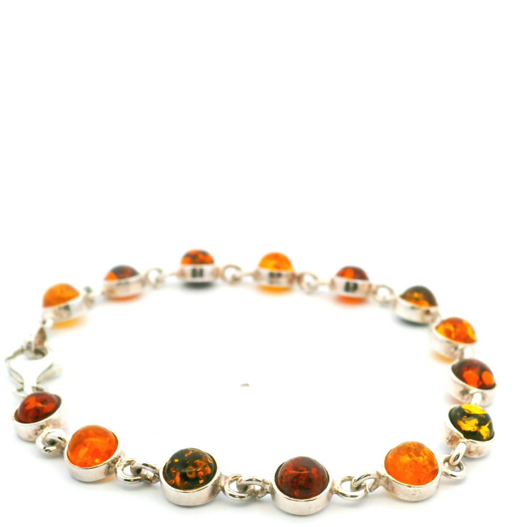 Estate Sterling Silver Round Cabochon Amber Station Link Bracelet