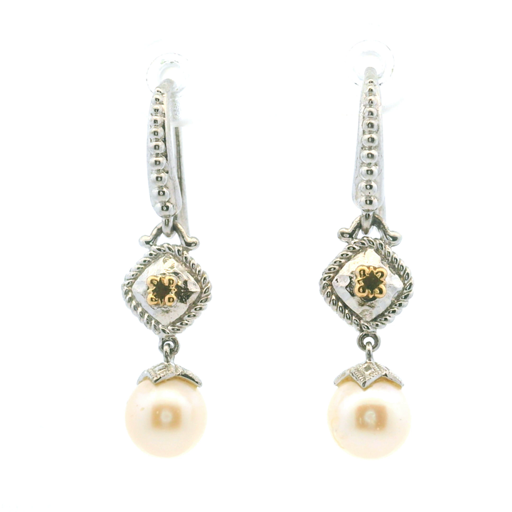Estate Sterling Silver & 18KT Yellow Gold Pearl Dangle Earrings