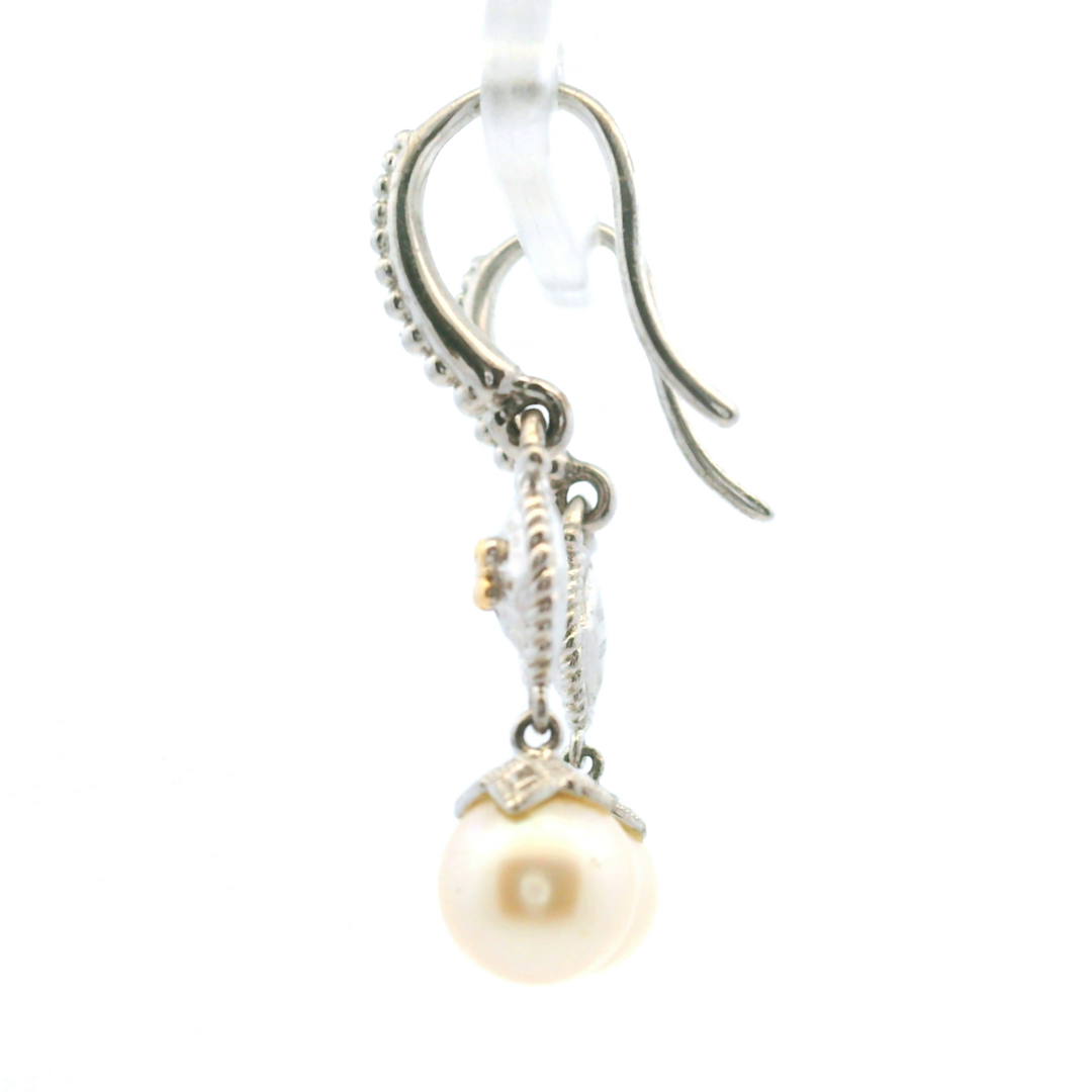 Estate Sterling Silver & 18KT Yellow Gold Pearl Dangle Earrings