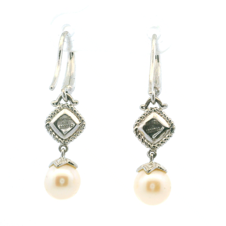 Estate Sterling Silver & 18KT Yellow Gold Pearl Dangle Earrings