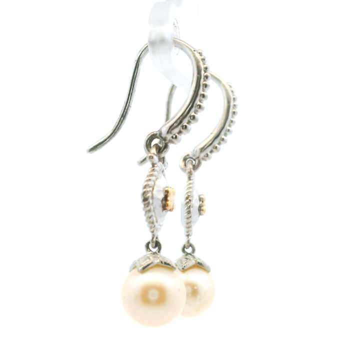 Estate Sterling Silver & 18KT Yellow Gold Pearl Dangle Earrings