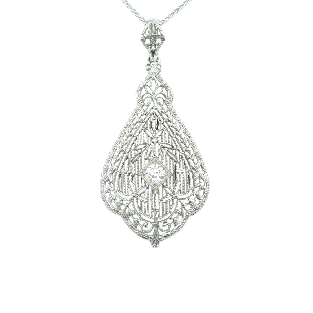 Estate 14KT White Gold Old European Cut Diamond Filigree Pendant, Art Deco