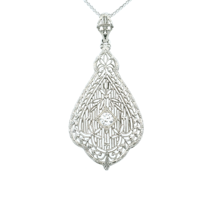 Estate 14KT White Gold Old European Cut Diamond Filigree Pendant, Art Deco