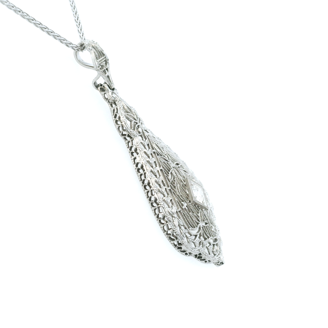 Estate 14KT White Gold Old European Cut Diamond Filigree Pendant, Art Deco
