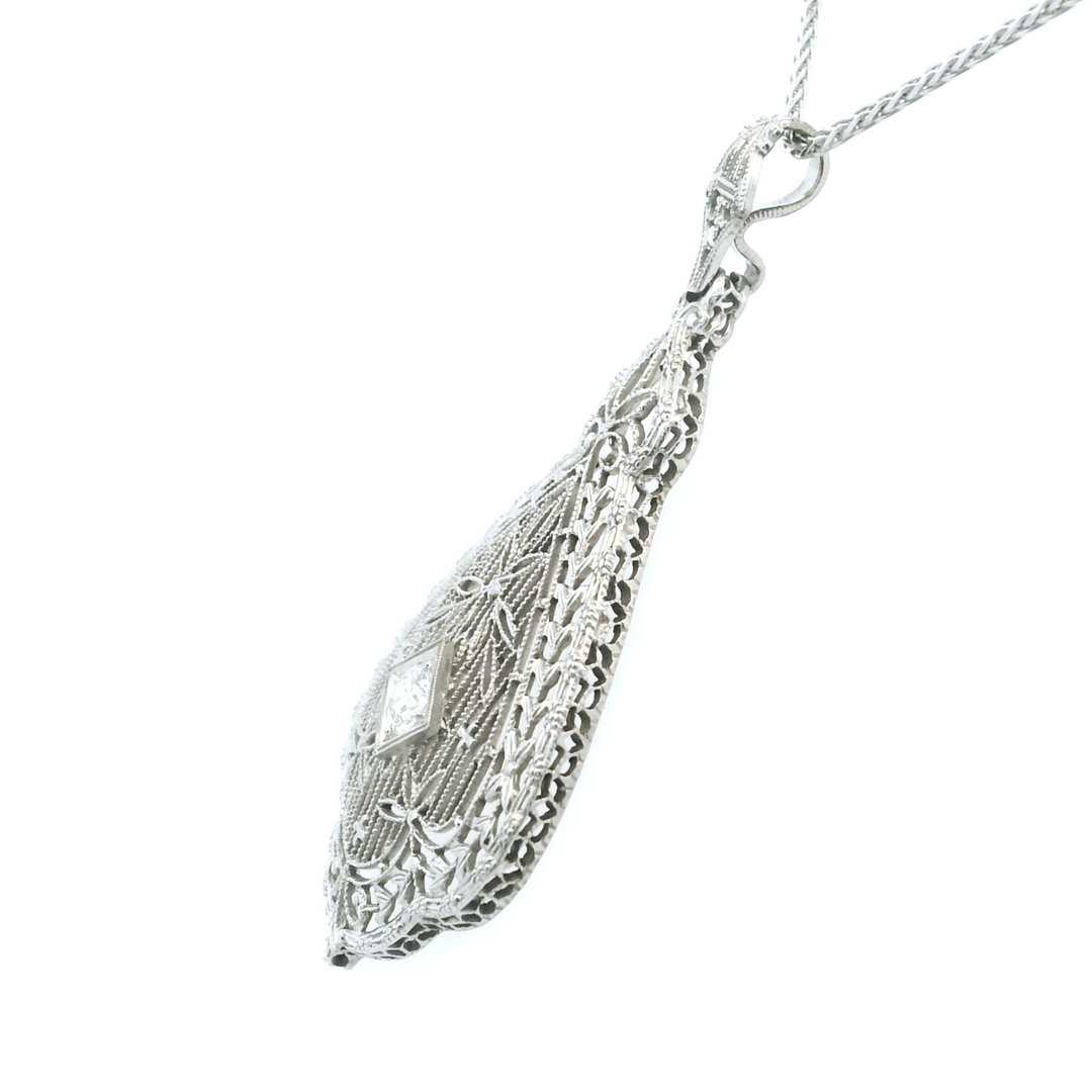 Estate 14KT White Gold Old European Cut Diamond Filigree Pendant, Art Deco