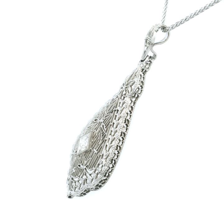 Estate 14KT White Gold Old European Cut Diamond Filigree Pendant, Art Deco