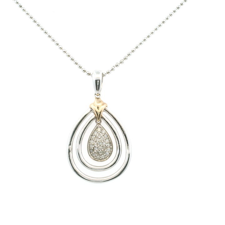 Estate Sterling Silver & 14KT Yellow Gold Accent Diamond Cluster Teardrop Pendant