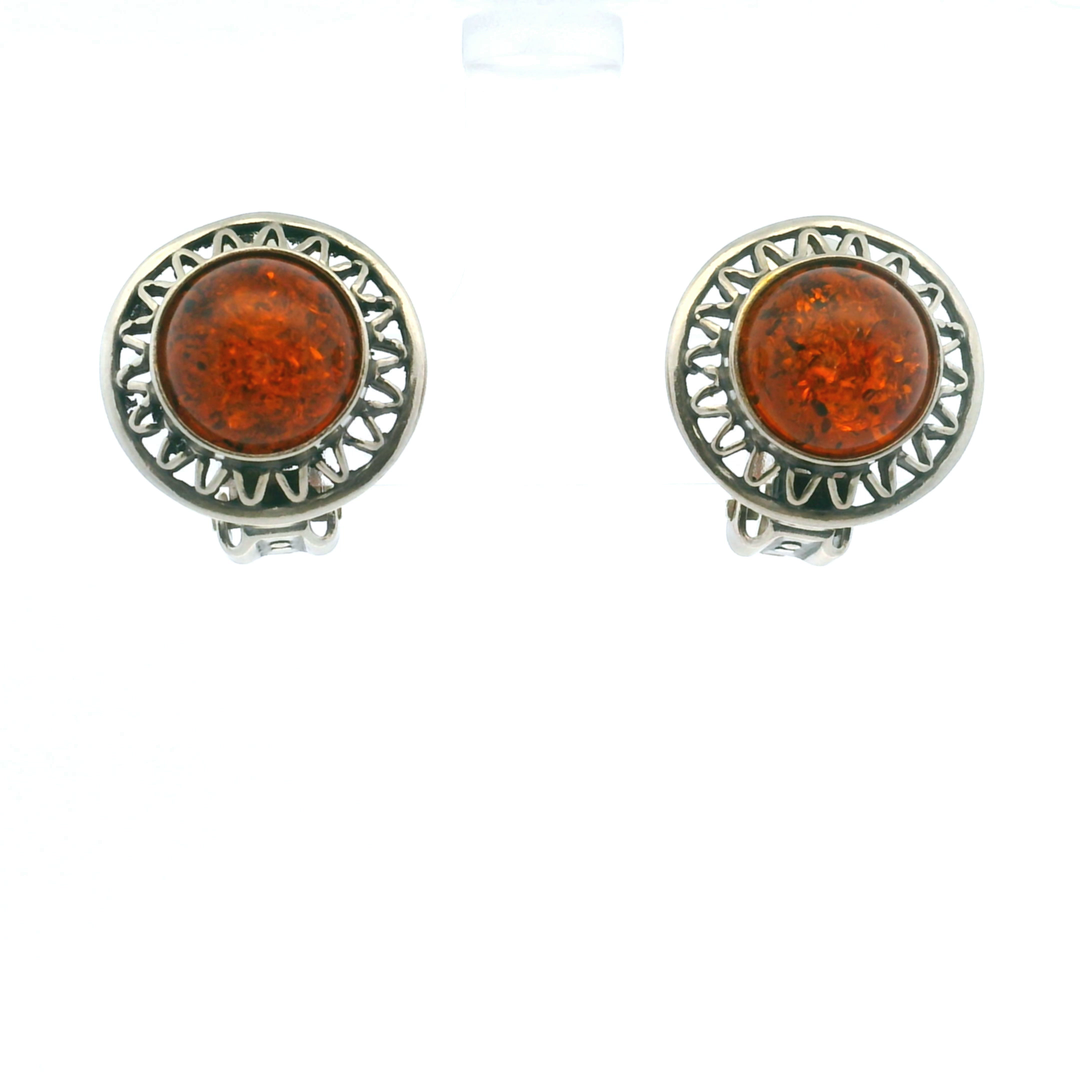 Estate Sterling Silver Round Cabochon Amber Clip-On Earrings, Vintage