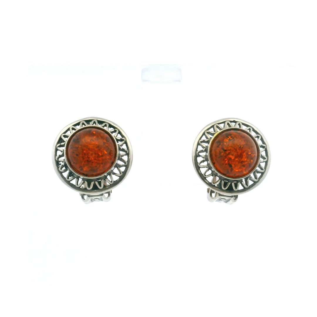 Estate Sterling Silver Round Cabochon Amber Vintage Clip-On Earrings
