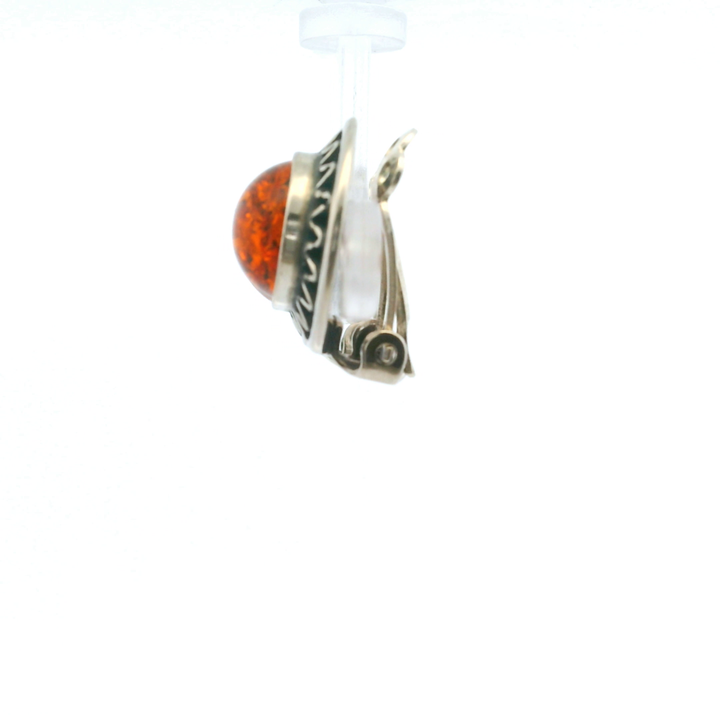 Estate Sterling Silver Round Cabochon Amber Clip-On Earrings, Vintage
