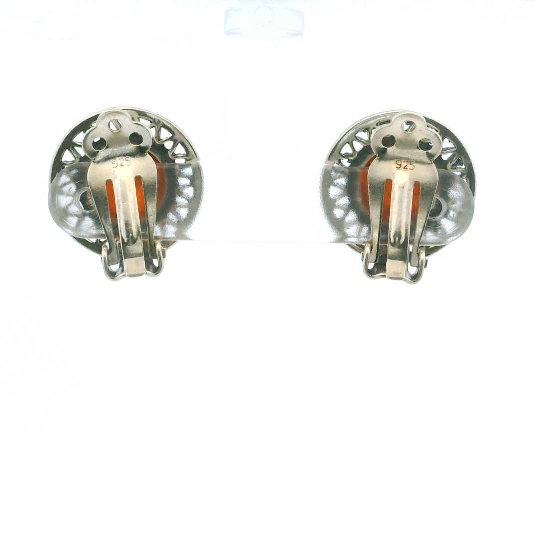 Estate Sterling Silver Round Cabochon Amber Clip-On Earrings, Vintage