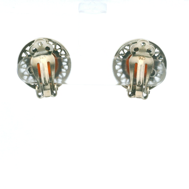 Estate Sterling Silver Round Cabochon Amber Clip-On Earrings, Vintage