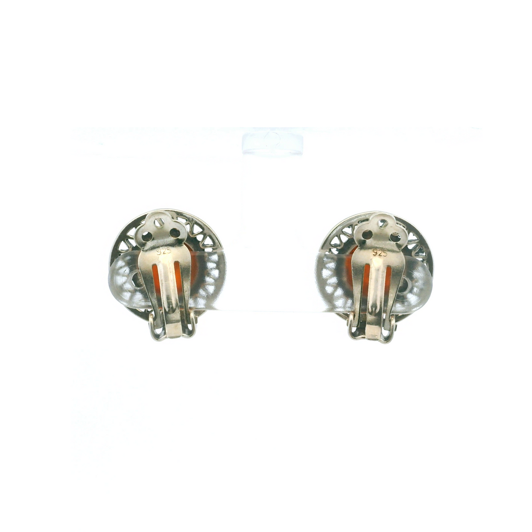 Estate Sterling Silver Round Cabochon Amber Vintage Clip-On Earrings